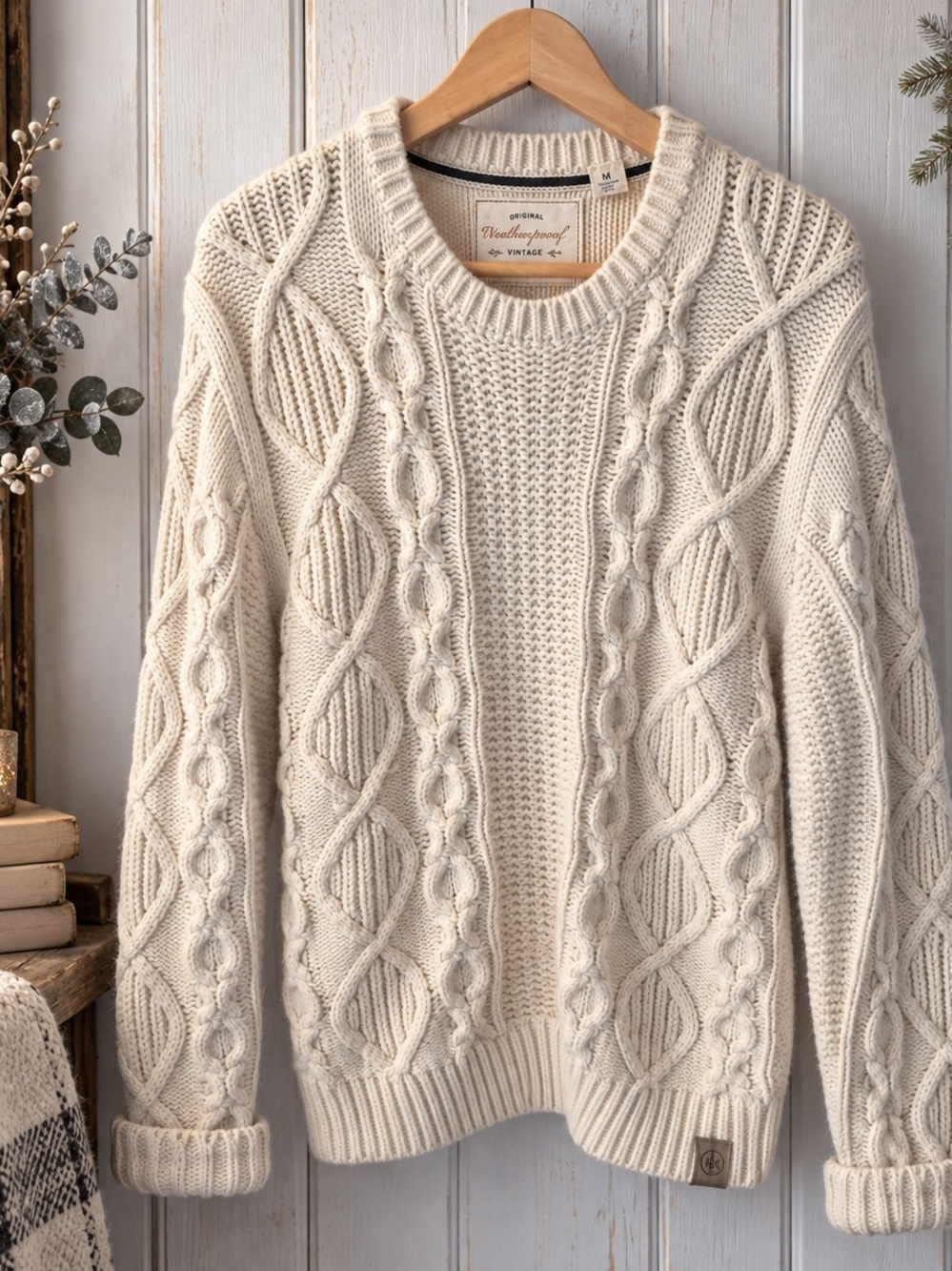 Weatherproof Vintage Cream Cable Knit Sweater Oversized Medium Fisherman